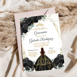 Quinceanera Floral Black Gold Invitation Kaart