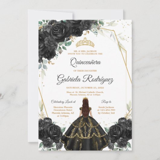 Quinceanera Floral Black Gold Invitation Kaart (Voorkant)