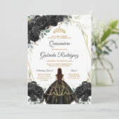 Quinceanera Floral Black Gold Invitation Kaart (Staand voorkant)