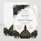 Quinceanera Floral Black Gold Invitation Kaart (Voorkant / Achterkant)