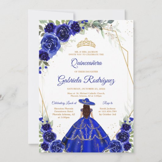 Quinceanera Floral Blue Gold Invitation Kaart (Voorkant)