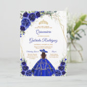 Quinceanera Floral Blue Gold Invitation Kaart (Staand voorkant)