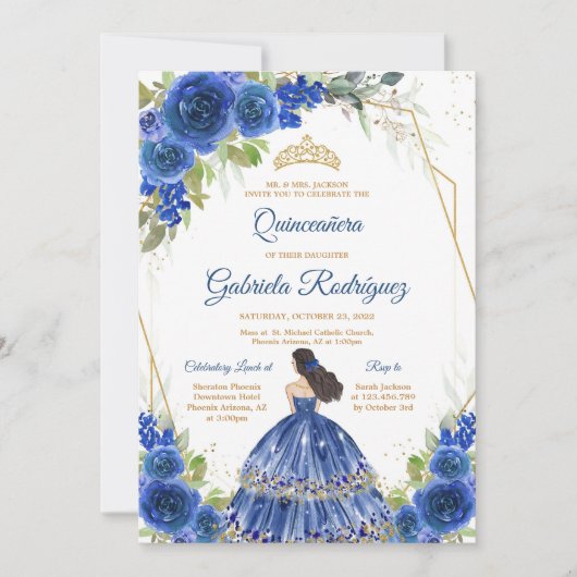 Quinceanera Floral Blue Gold Invitation Kaart (Voorkant)
