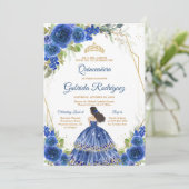 Quinceanera Floral Blue Gold Invitation Kaart (Staand voorkant)
