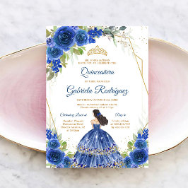 Quinceanera Floral Blue Gold Invitation Kaart