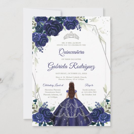 Quinceanera Floral Blue Silver Invitation Kaart (Voorkant)