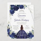 Quinceanera Floral Blue Silver Invitation Kaart (Voorkant / Achterkant)