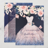 Quinceanera Floral Blush Glitter Gown Blue Navy Kaart (Voorkant / Achterkant)