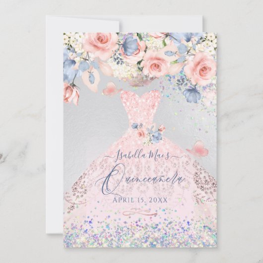 Quinceanera Floral Blush Pink Glitter Gown Kaart (Voorkant)