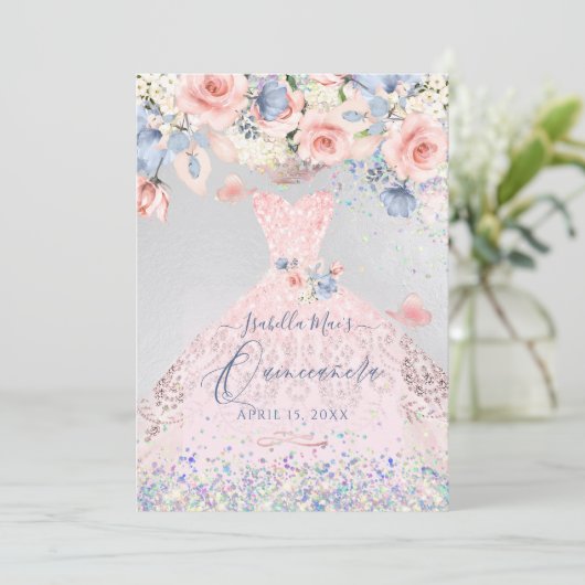 Quinceanera Floral Blush Pink Glitter Gown Kaart (Staand voorkant)