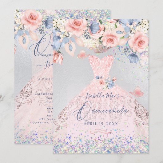 Quinceanera Floral Blush Pink Glitter Gown Kaart (Voorkant / Achterkant)