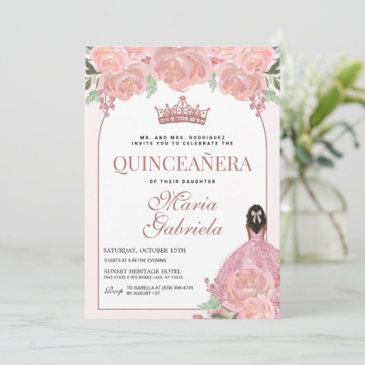 Quinceanera Floral Blush Pink Mis Quince Anos Kaart (Staand voorkant)