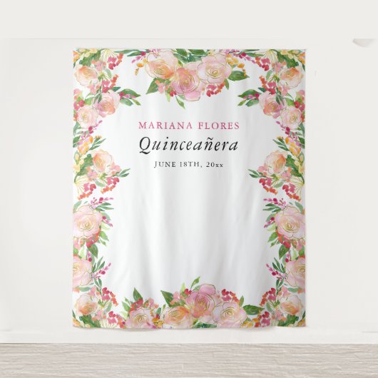 Quinceanera Floral Chic Photo Booth Backdrop Wandkleed (Voorkant)