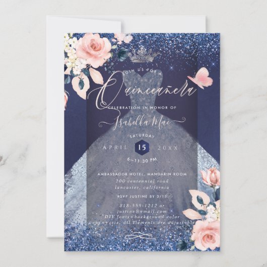 Quinceanera Floral Dusty Blue Glitter Gown Kaart (Achterkant)