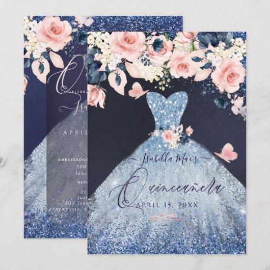 Quinceanera Floral Dusty Blue Glitter Gown Kaart (Voorkant / Achterkant)