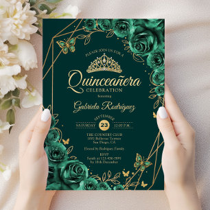 Quinceanera Floral Emerald Green Gold Kaart