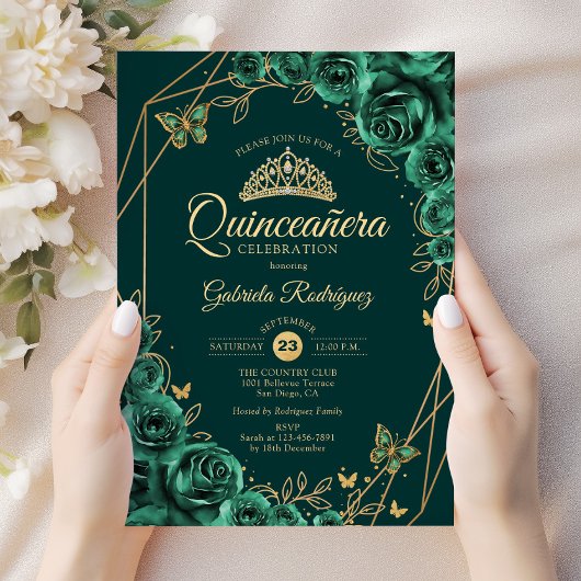 Quinceanera Floral Emerald Green Gold Kaart