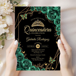 Quinceanera Floral Emerald Green Gold Zwart Kaart