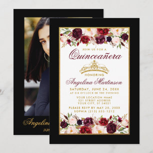Quinceanera Floral Gold Crown Photo Black Kaart
