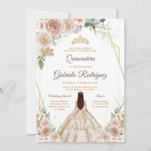 Quinceanera Floral Gold Invitation Kaart (Voorkant)
