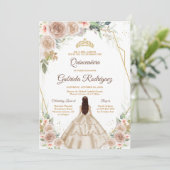 Quinceanera Floral Gold Invitation Kaart (Staand voorkant)