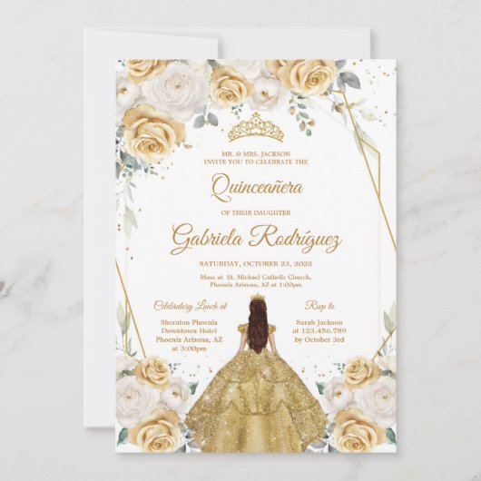 Quinceanera Floral Gold Invitation Kaart (Voorkant)