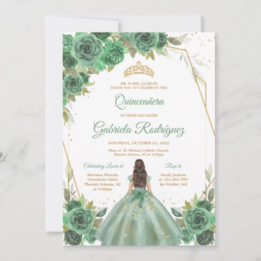 Quinceanera Floral Green Gold Invitation Kaart (Voorkant)