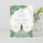 Quinceanera Floral Green Gold Invitation Kaart (Staand voorkant)