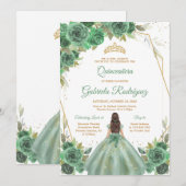 Quinceanera Floral Green Gold Invitation Kaart (Voorkant / Achterkant)