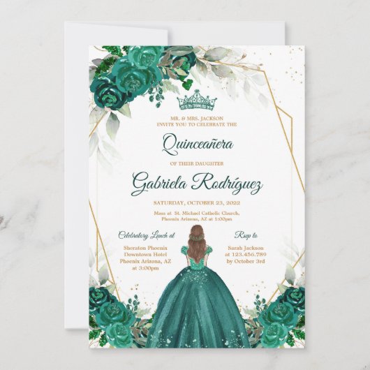 Quinceanera Floral Green Gold Invitation Kaart (Voorkant)