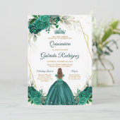 Quinceanera Floral Green Gold Invitation Kaart (Staand voorkant)