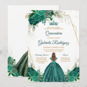 Quinceanera Floral Green Gold Invitation Kaart (Voorkant / Achterkant)