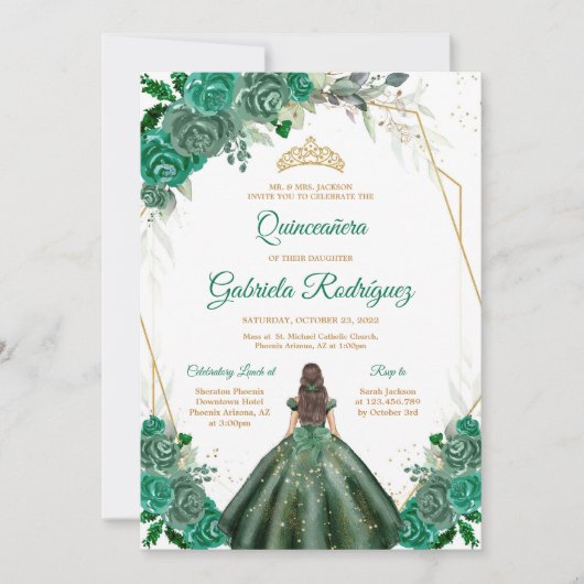 Quinceanera Floral Green Gold Invitation Kaart (Voorkant)