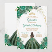 Quinceanera Floral Green Gold Invitation Kaart (Voorkant / Achterkant)