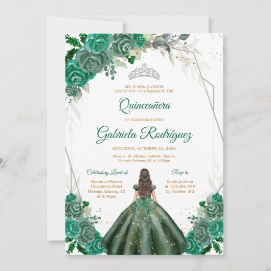 Quinceanera Floral Green Silver Invitation Kaart (Voorkant)