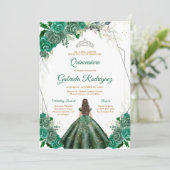 Quinceanera Floral Green Silver Invitation Kaart (Staand voorkant)