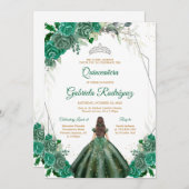 Quinceanera Floral Green Silver Invitation Kaart (Voorkant / Achterkant)