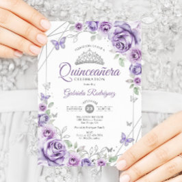 Quinceanera Floral Lila Paarse Zilver Kaart