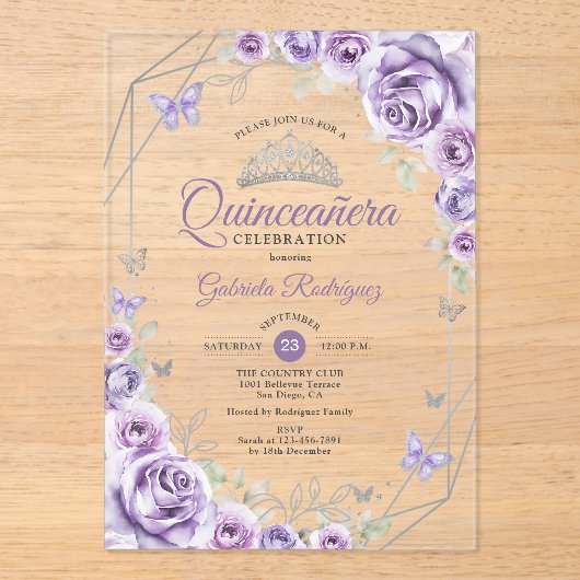 Quinceanera Floral Lilac Purple Silver Acryl Uitnodigingen (Voorkant)