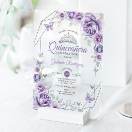 Quinceanera Floral Lilac Purple Silver Acryl Uitnodigingen