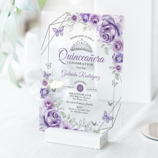 Quinceanera Floral Lilac Purple Silver Acryl Uitnodigingen