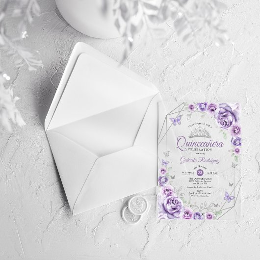 Quinceanera Floral Lilac Purple Silver Acryl Uitnodigingen