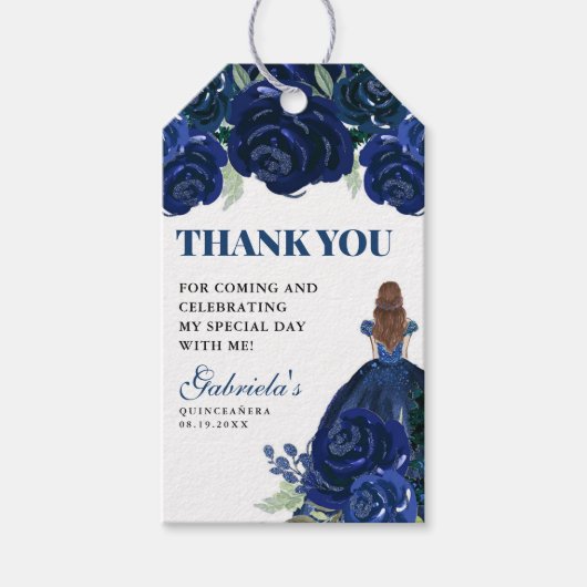 Quinceanera Floral Navy Blue Gold Mis Quince Anos Cadeaulabel (Voorkant)