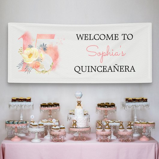 Quinceanera Floral Number 15 Personalized Birthday Spandoek