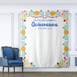 Quinceanera Floral Photo Booth Backdrop Blue White Wandkleed