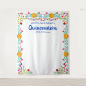 Quinceanera Floral Photo Booth Backdrop Blue White Wandkleed (Voorkant)
