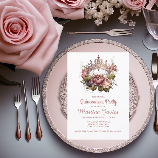 Quinceañera Floral Pincess Crown 15th Birthday Kaart