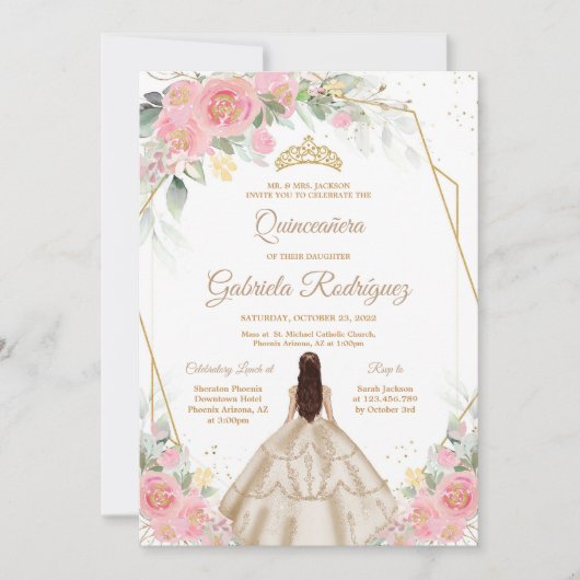 Quinceanera Floral Pink Gold Invitation Kaart (Voorkant)
