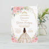 Quinceanera Floral Pink Gold Invitation Kaart (Staand voorkant)