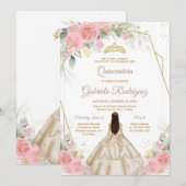Quinceanera Floral Pink Gold Invitation Kaart (Voorkant / Achterkant)